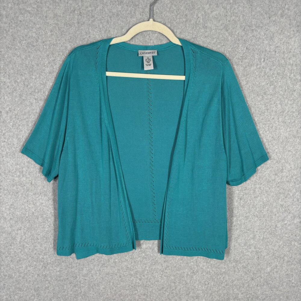 Catherines Cardigan Sweater 1X‎ Open Thin Crochet Sheer Teal Turquoise Granny